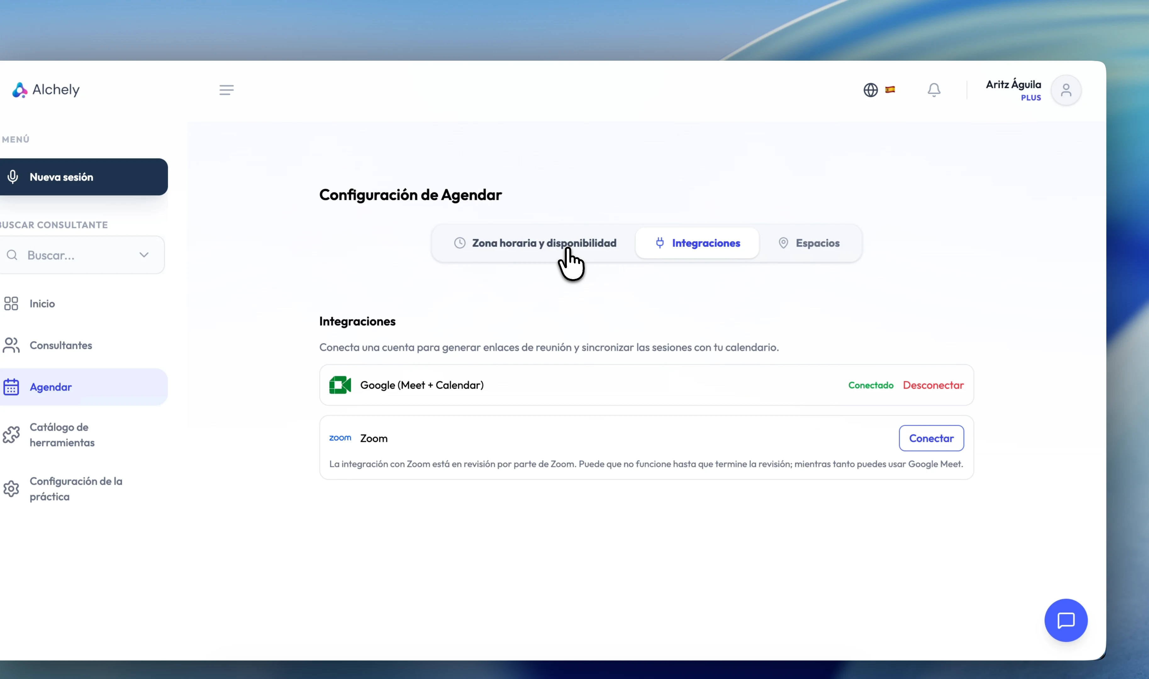 Scheduler integrations: Google (Meet + Calendar) connected and Zoom available to connect