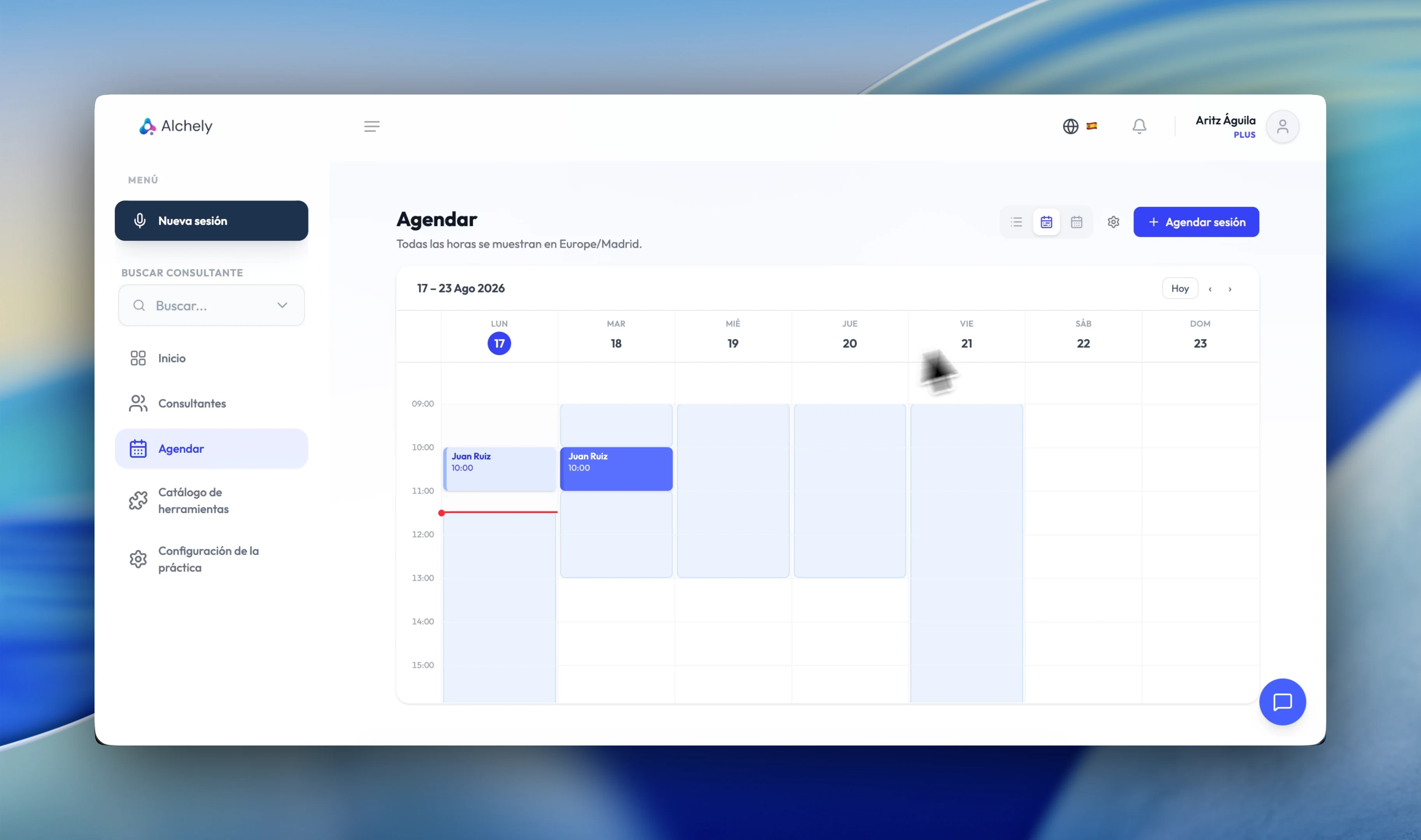 Scheduler week view, with available blocks and a booked session