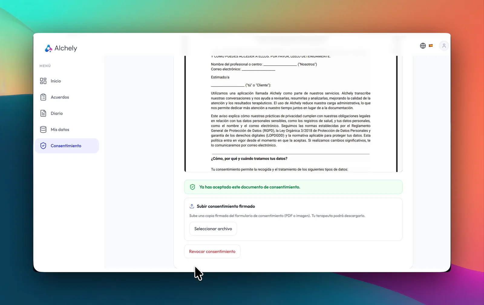 Interfaz de Gestión de Consentimientos de Alchely