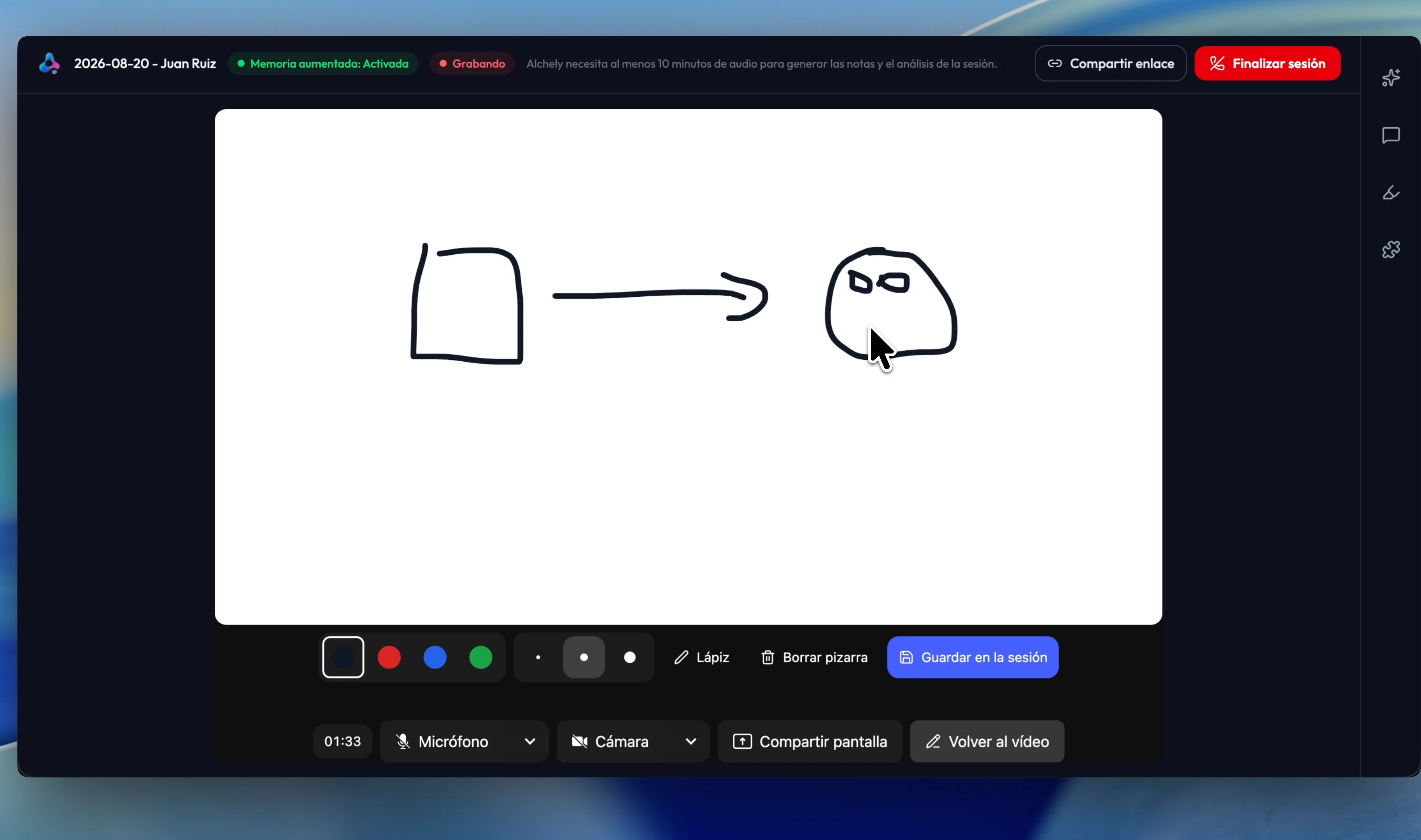 The AlchelyMeeting shared whiteboard, with the pen, the colors, the line widths and the save-to-session button