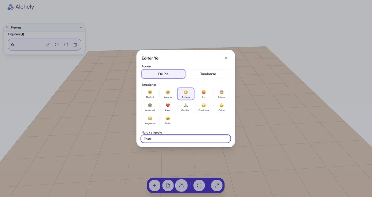 Figure edit dialog: standing or lying action, the twelve emotions and the note or tag field