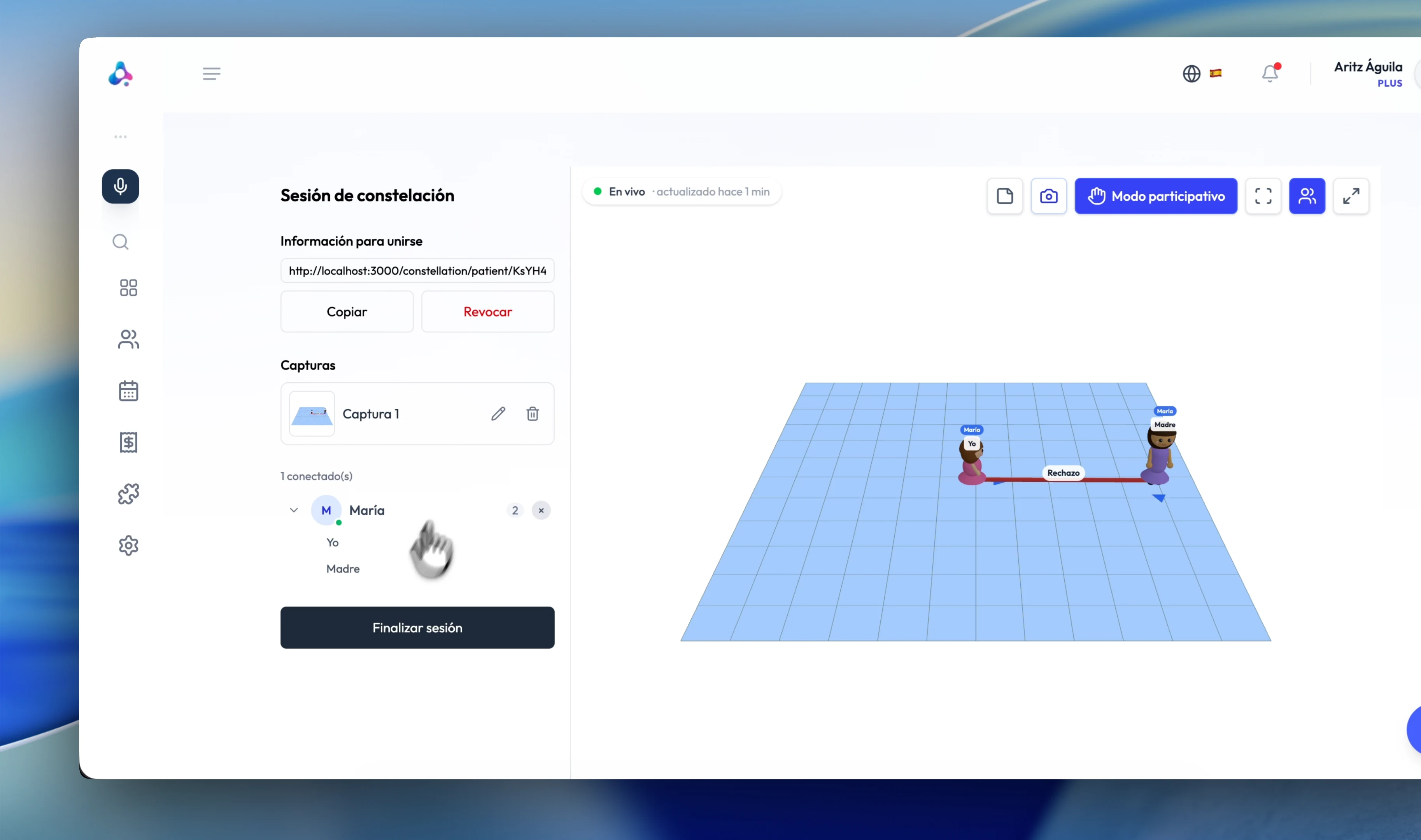 Sesión de constelación en Alchely: el campo en 3D con las figuras y su relación, y el enlace de acceso para el paciente