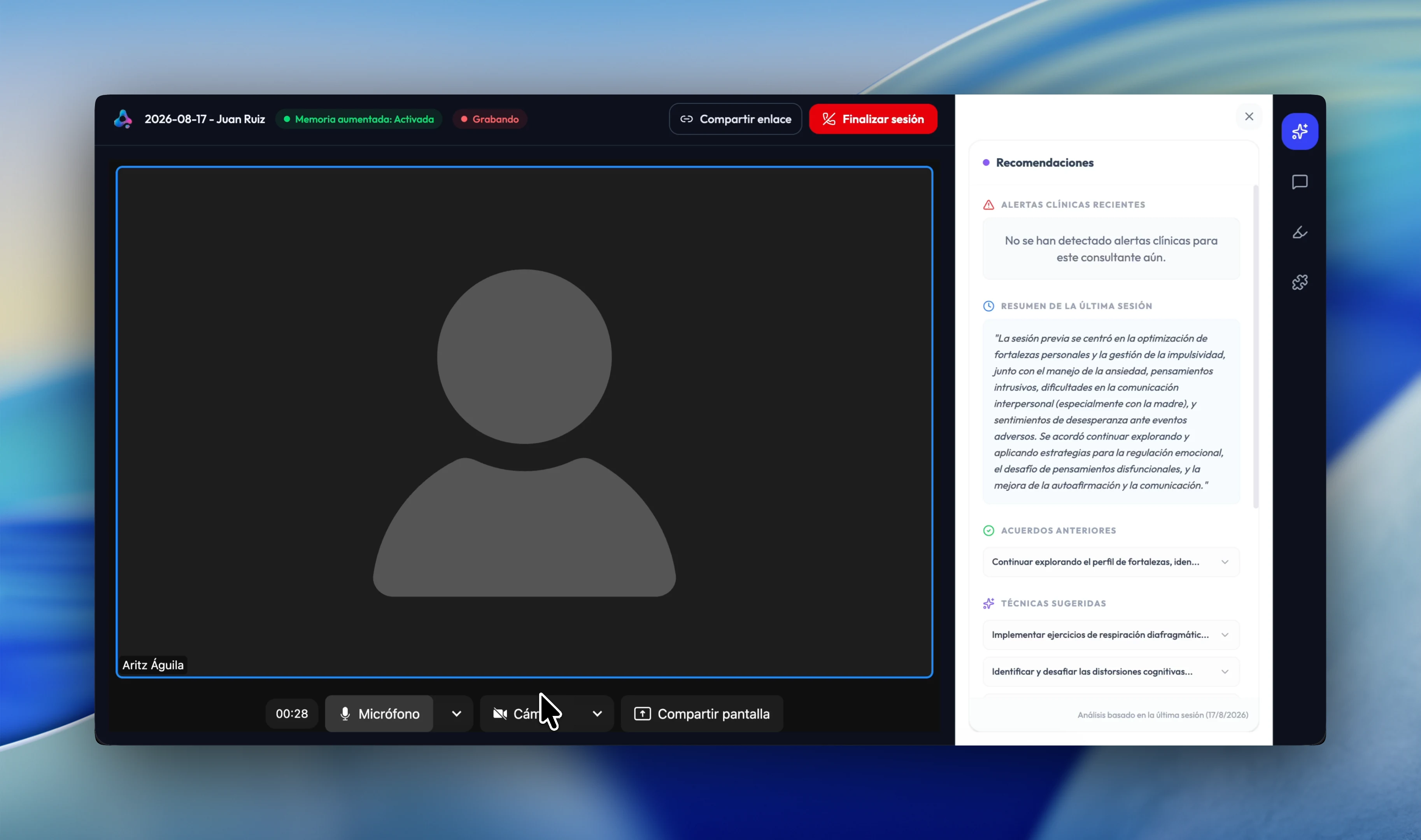 Panel de recomendaciones durante la sesión: alertas clínicas, resumen de la última sesión, acuerdos anteriores y técnicas sugeridas