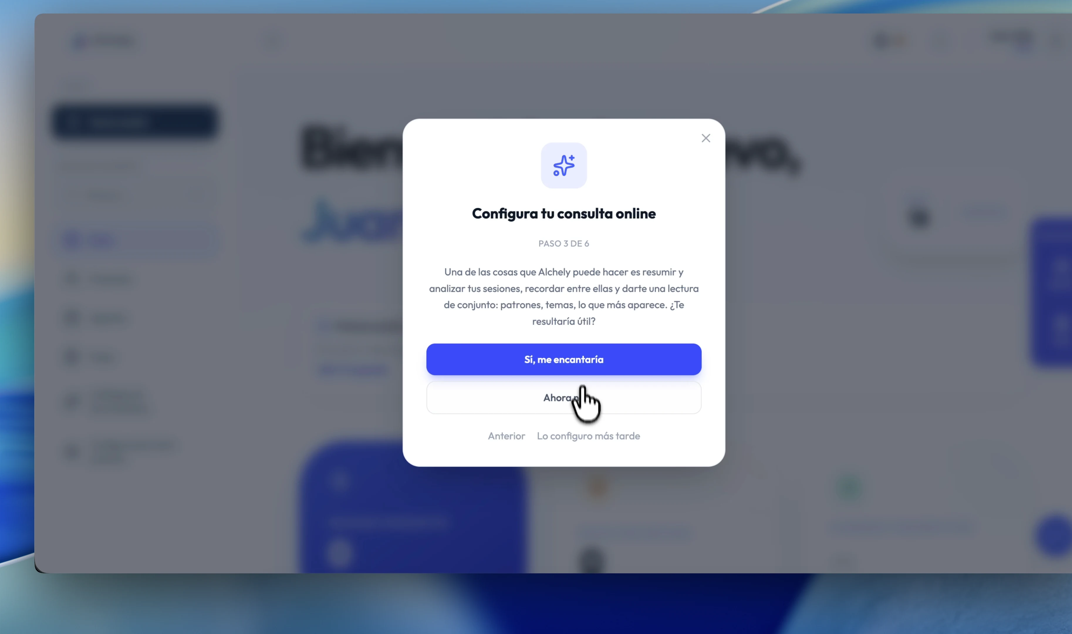 Alchely preguntando durante la configuración inicial si quieres activar el análisis de tus sesiones