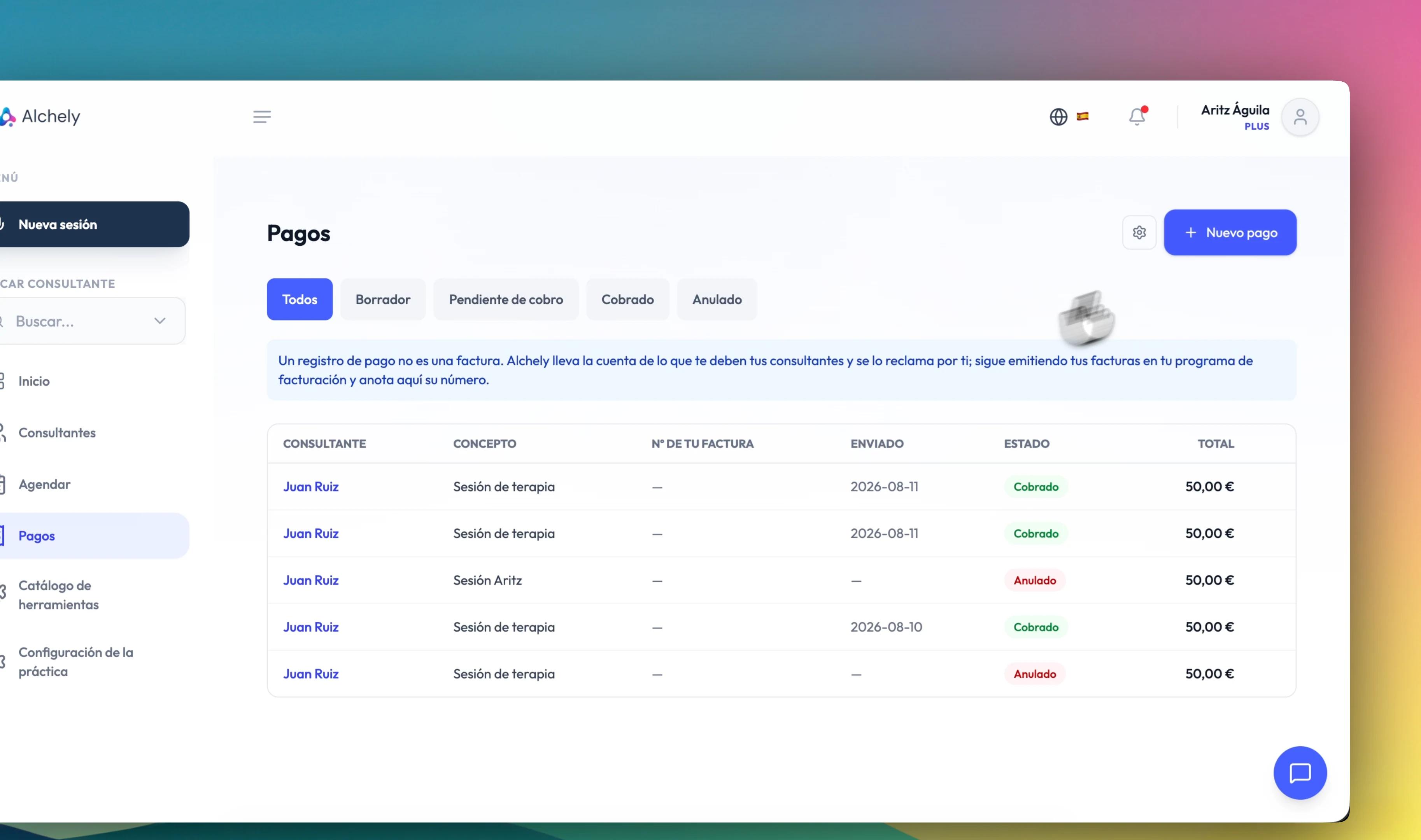 The Payments list in Alchely, with each charge's status and filters for draft, pending, paid and cancelled