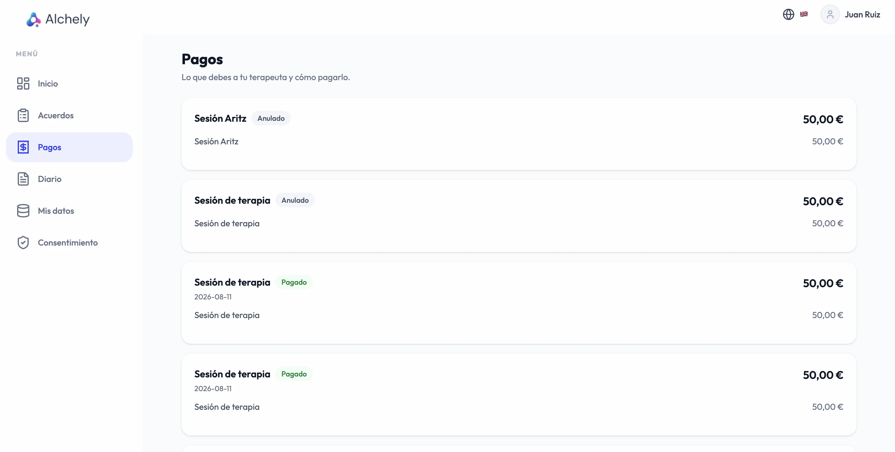 The Payments section in the patient portal, showing the status of each charge