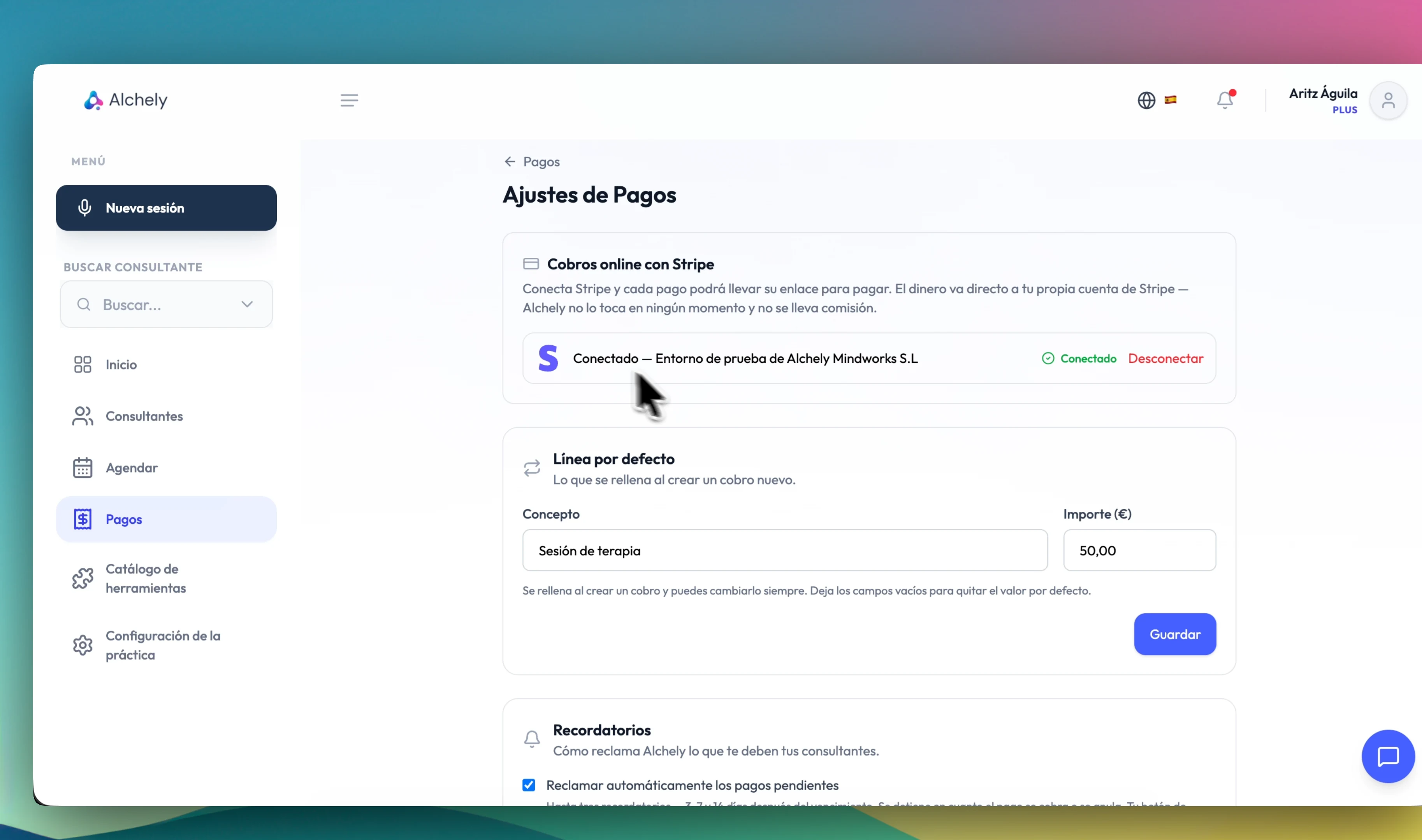 Payments settings: connected Stripe account, default line item and reminders