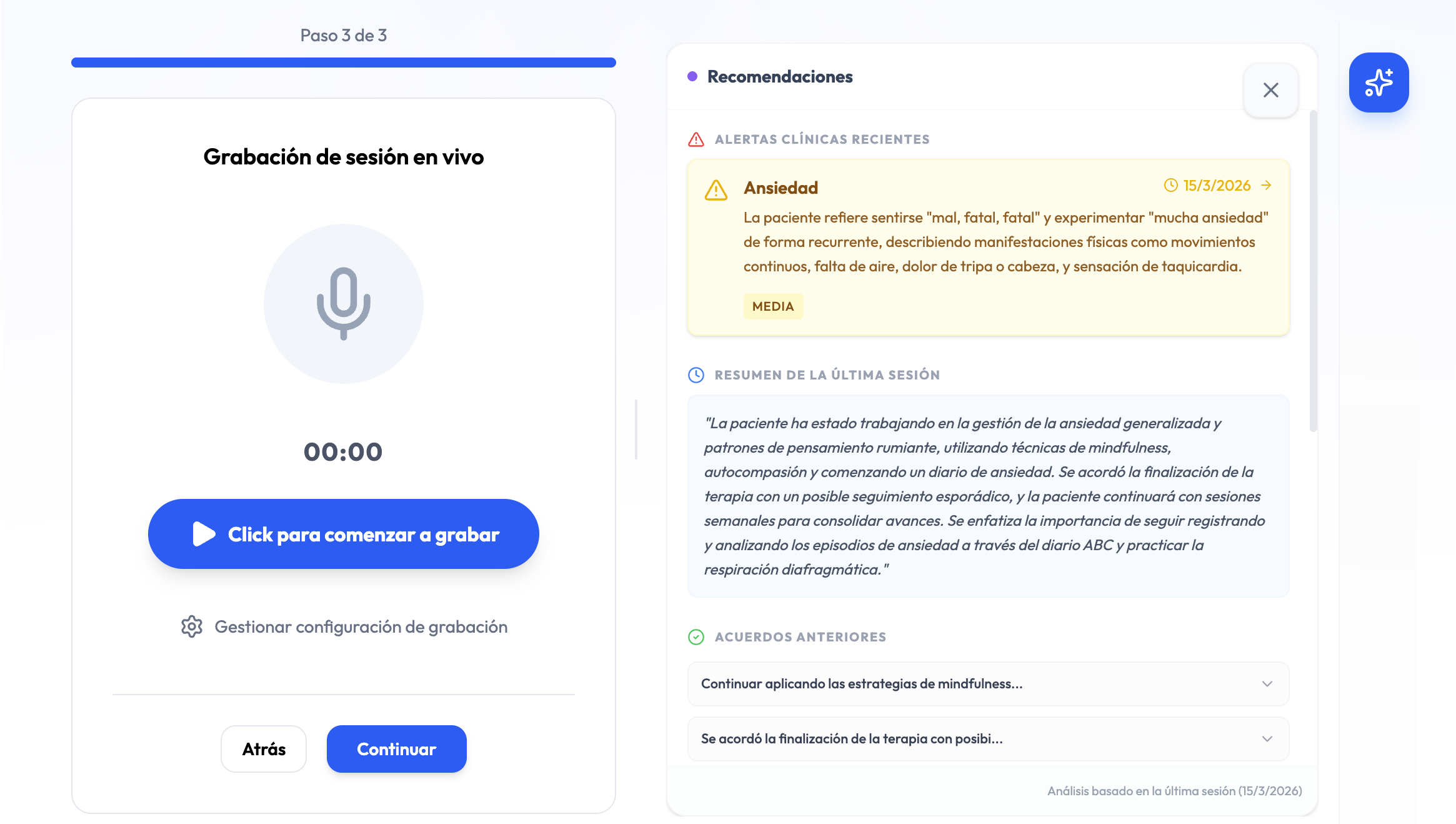 Interfaz de Preparación de Sesión de Alchely